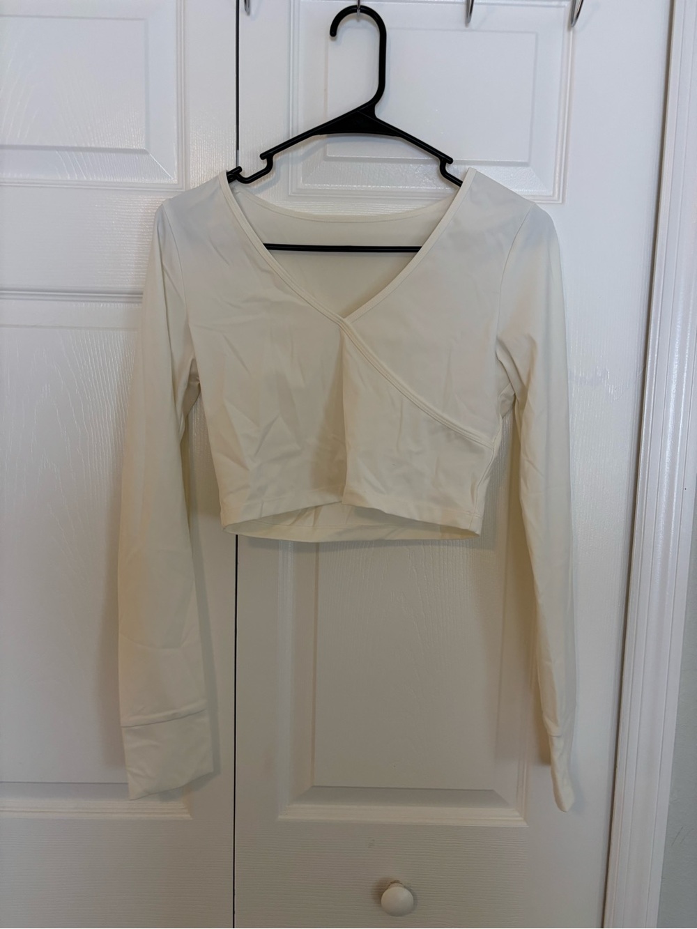Cropped Wrap-Front Long Sleeve Top in Cream